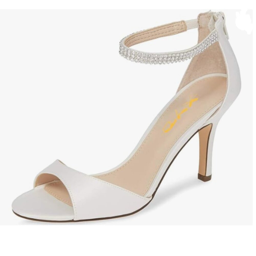 XYD White Open Toe Rhinestones Ankle Strap Sandals Mid Heel Back Zip Satin Eveni